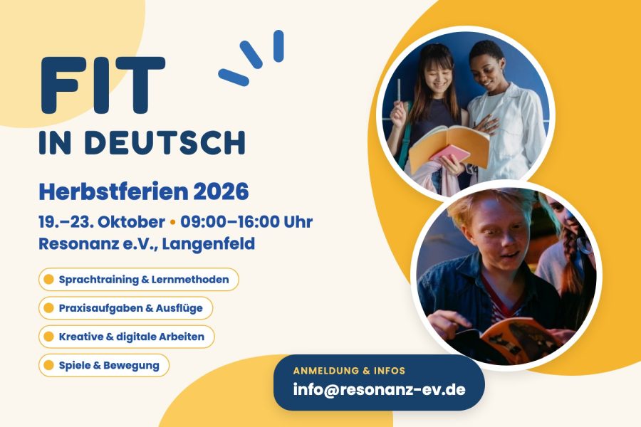 FIT in Deutsch – Herbstferien 2026, 19.–23. Oktober, 09:00–16:00 Uhr, Resonanz e.V. Langenfeld. Anmeldung: info@resonanz-ev.de